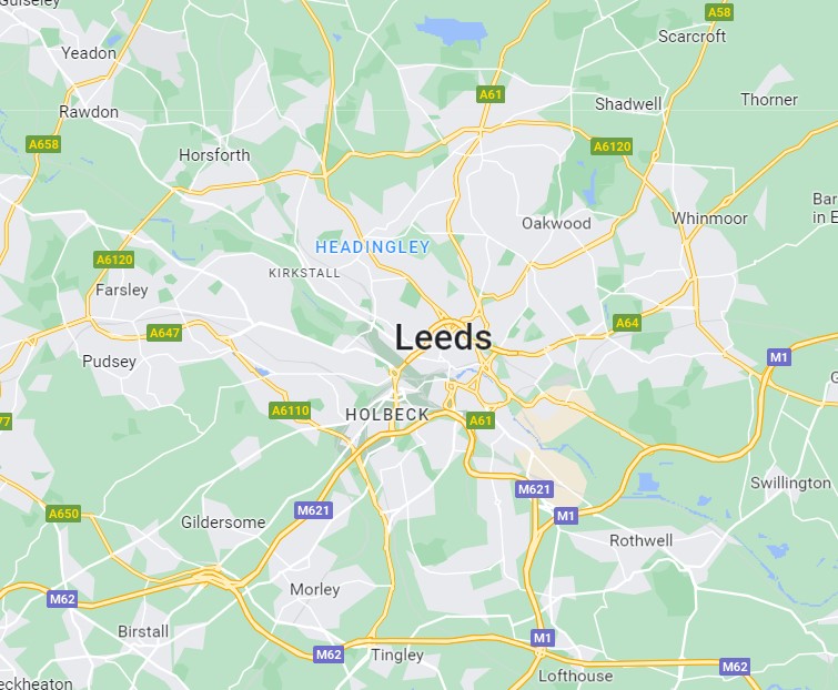 Map of Leeds showing area covered by Mobile Car Valet