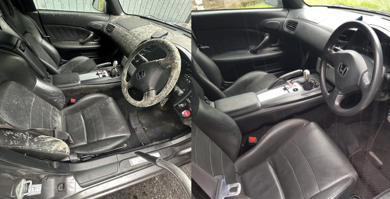 Before and after shot of the interior of a Honda S200 after a deep clean