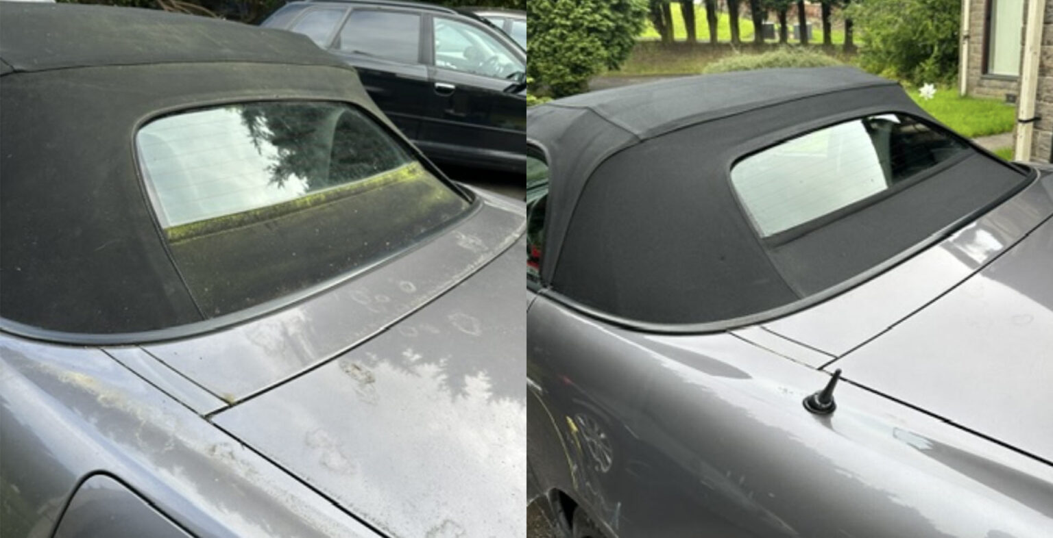 Exterior before and after image of a Honda S200 convertible soft top after a deep clean