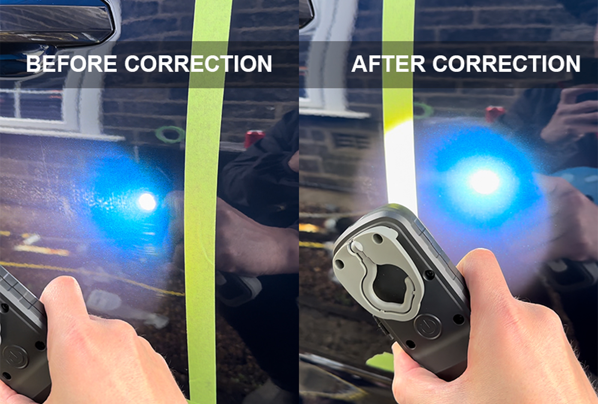 Using inspection light to compare before and after paint correction on blue Audi Q3