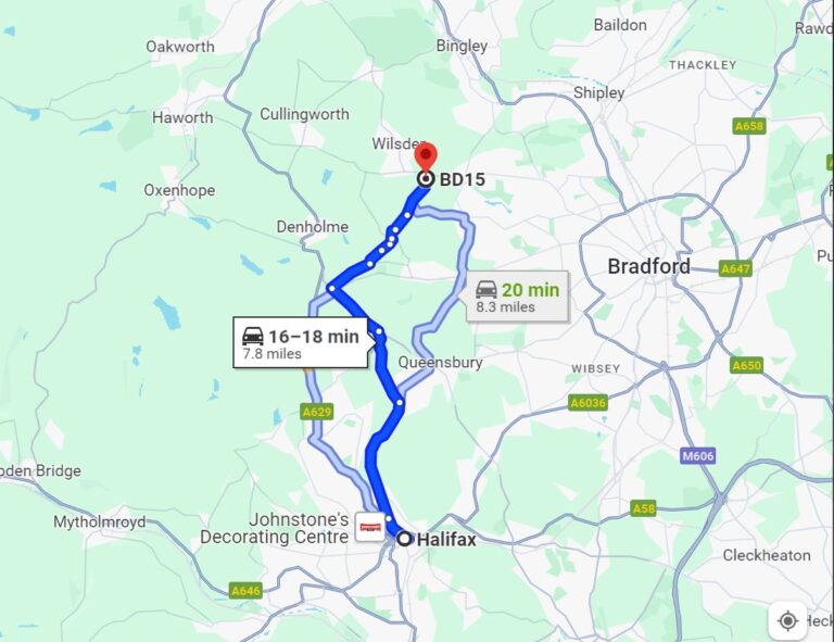 Image of a map showing a journey to BD15 from Halifax is around 16 minutes