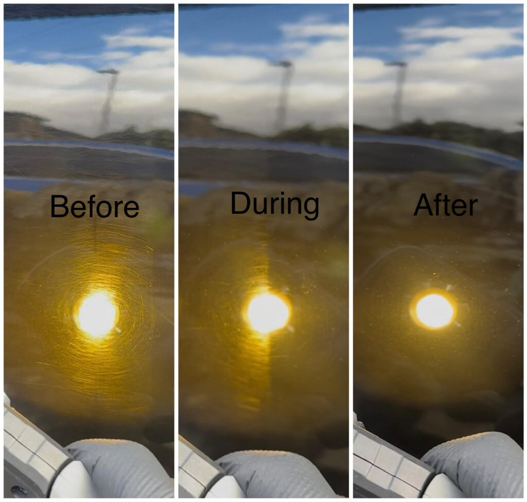 Before, during and after paint correction at North Detailing. Picture shows black paint with and without scratches and swirls.
